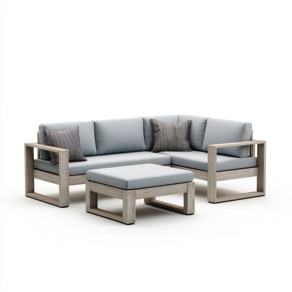 Salon de jardin d'angle 4 places gris clair en acacia massif avec pouf 220 x 220 x 75 cm