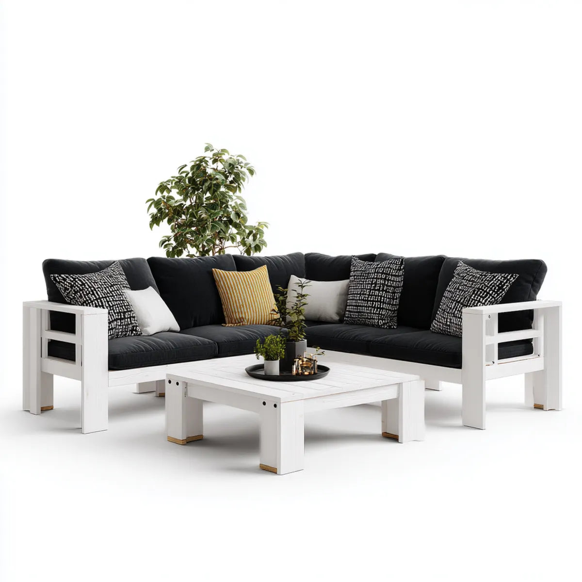 Salon de jardin d'angle 3 pièces blanc et noir en bois massif d'acacia avec coussins 210 x 210 cm