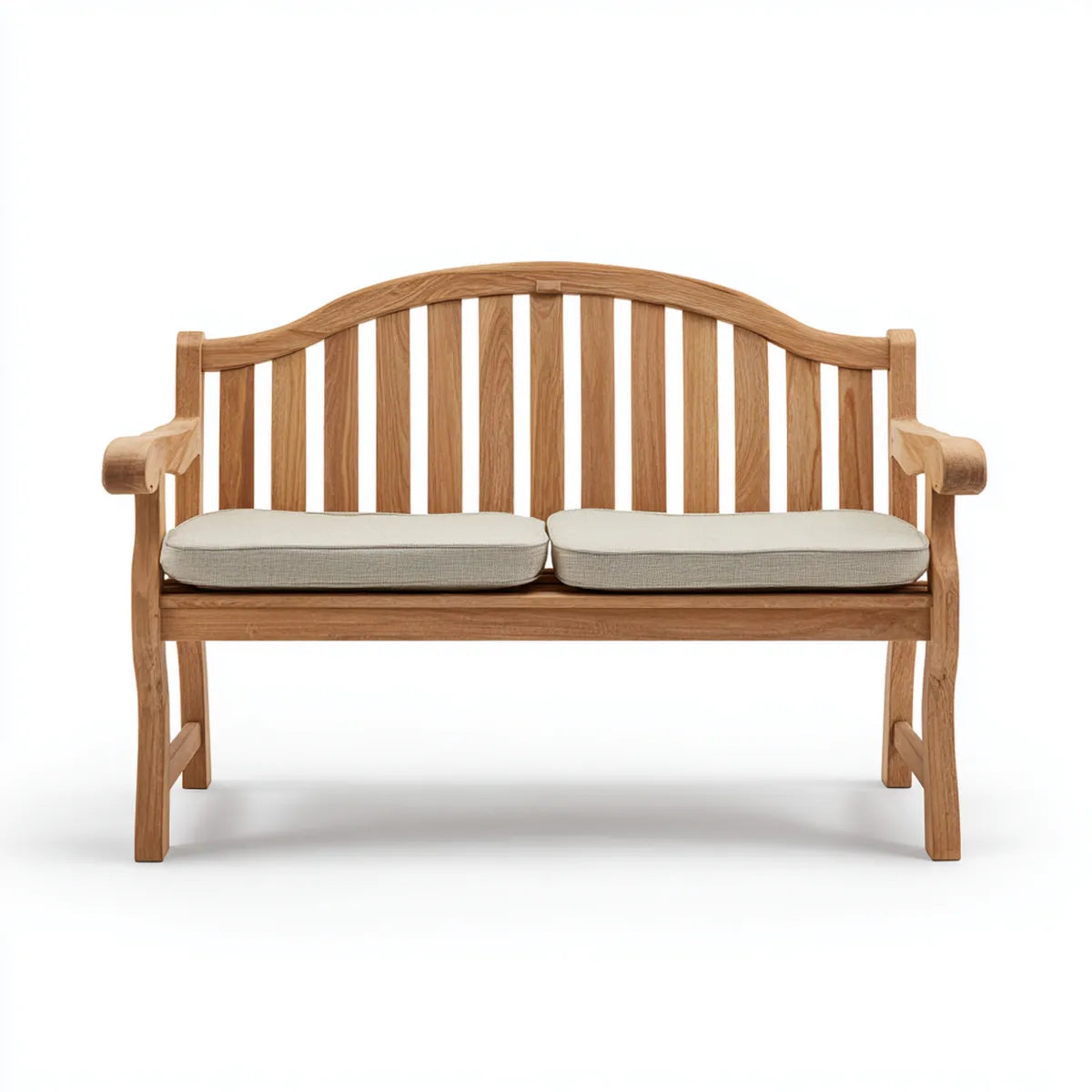 Banc de jardin 2 places en teck massif naturel avec coussins écrus 150 x 65 x 95 cm dossier cintré