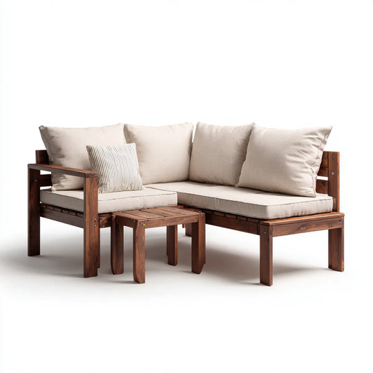 Salon de jardin d'angle 4 places avec table basse marron et beige en acacia massif 230 x 150 x 75 cm
