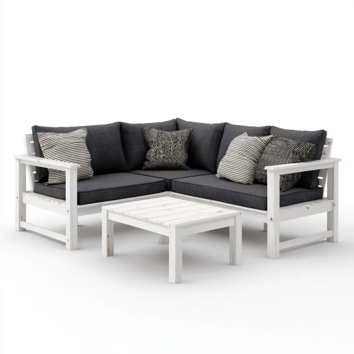 Salon de jardin d'angle 3 pièces blanc et gris anthracite en pin massif avec table basse 210 x 210 cm