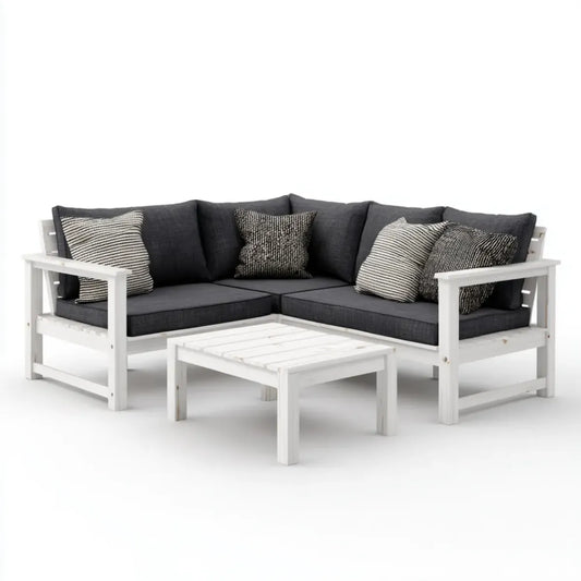 Salon de jardin d'angle 3 pièces blanc et gris anthracite en pin massif avec table basse 210 x 210 cm