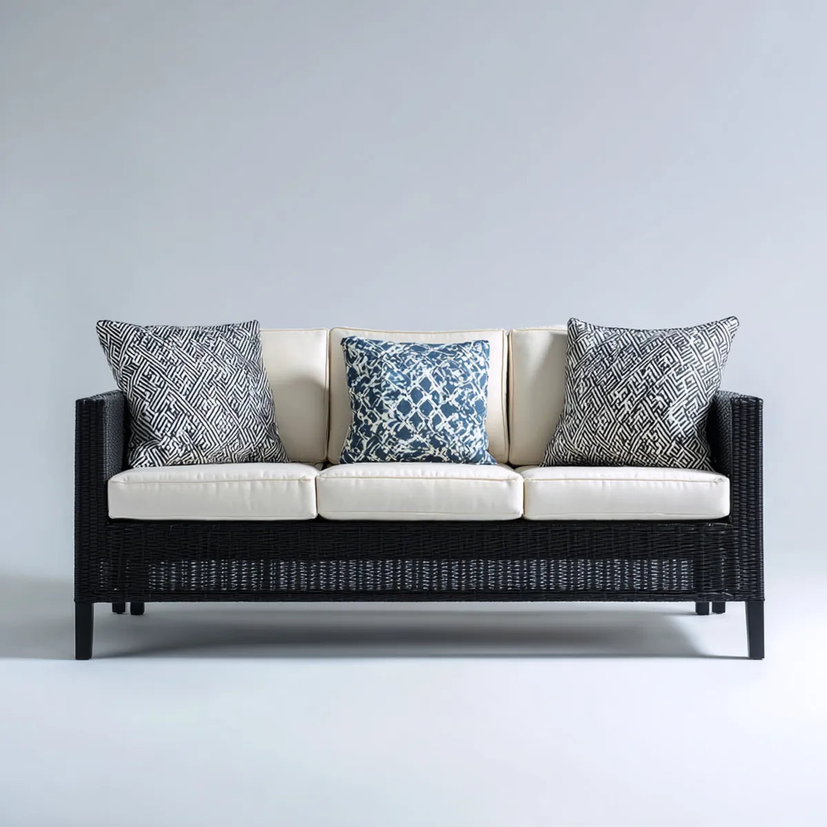Canapé de jardin 3 places noir et blanc en résine tressée PE avec coussins 180 x 75 x 78 cm