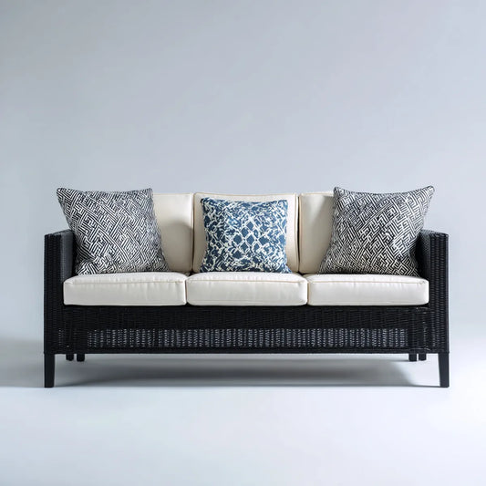 Canapé de jardin 3 places noir et blanc en résine tressée PE avec coussins 180 x 75 x 78 cm