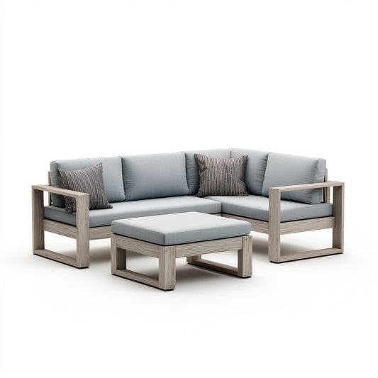 Salon de jardin d'angle 4 places gris clair en acacia massif avec pouf 220 x 220 x 75 cm