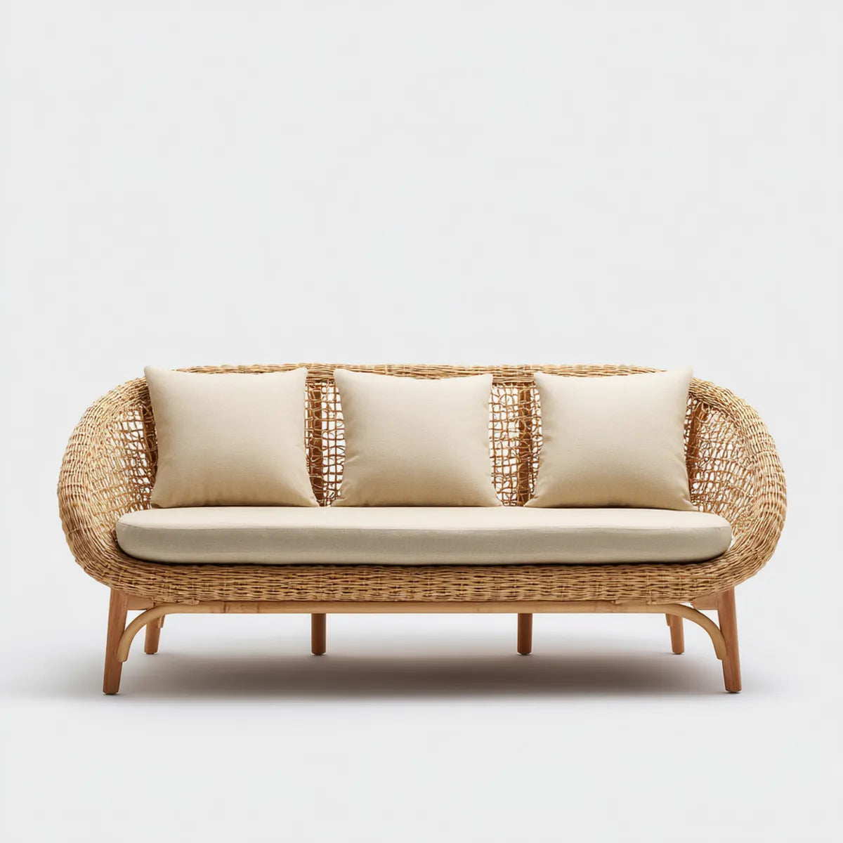 Canapé de jardin 3 places beige en rotin naturel avec coussins 190 x 75 x 82 cm forme arrondie