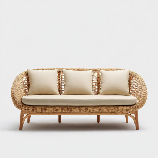 Canapé de jardin 3 places beige en rotin naturel avec coussins 190 x 75 x 82 cm forme arrondie
