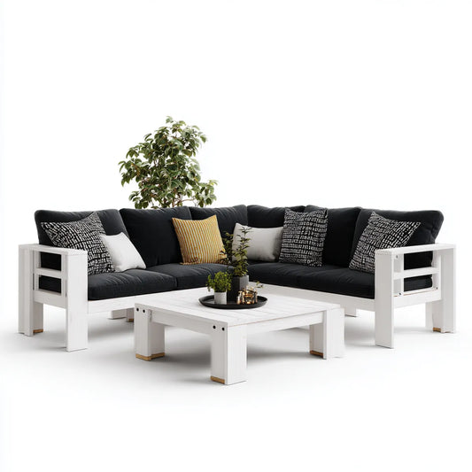 Salon de jardin d'angle 3 pièces blanc et noir en bois massif d'acacia avec coussins 210 x 210 cm
