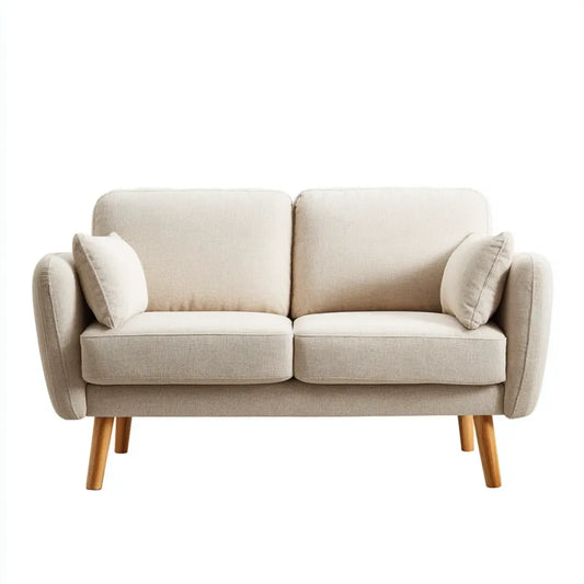 Canapé 2 places droit beige 160 x 85 x 86 cm en polyester avec pieds en hévéa massif