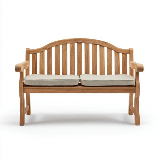 Banc de jardin 2 places en teck massif naturel avec coussins écrus 150 x 65 x 95 cm dossier cintré