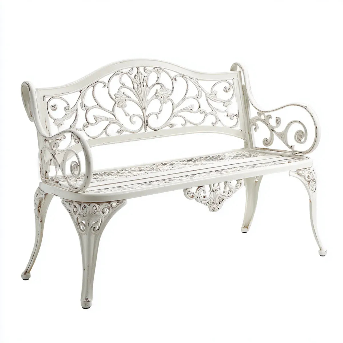 Banc de jardin 2 places blanc en aluminium moulé rectangulaire 110 x 56 x 94 cm