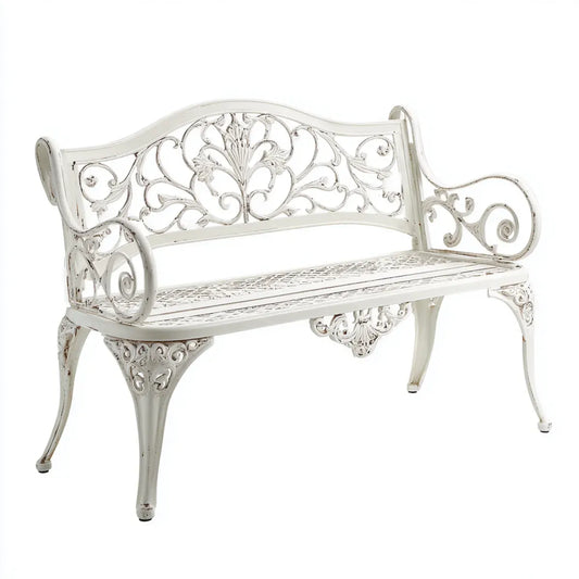Banc de jardin 2 places blanc en aluminium moulé rectangulaire 110 x 56 x 94 cm