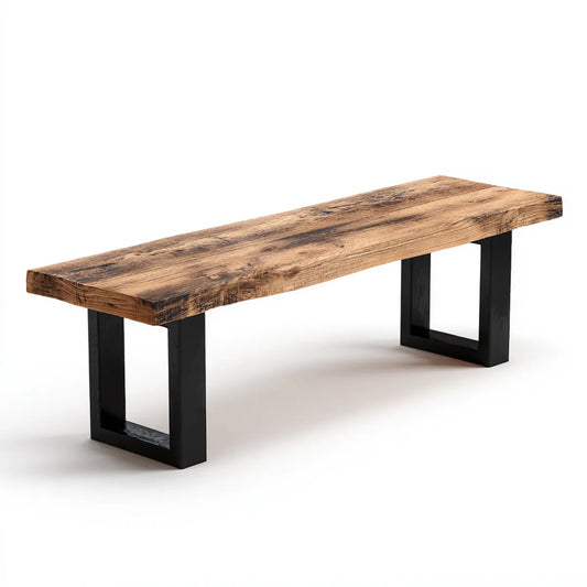 Banc de jardin rectangulaire marron et noir 180 x 40 x 45 cm en acacia massif et acier thermolaqué