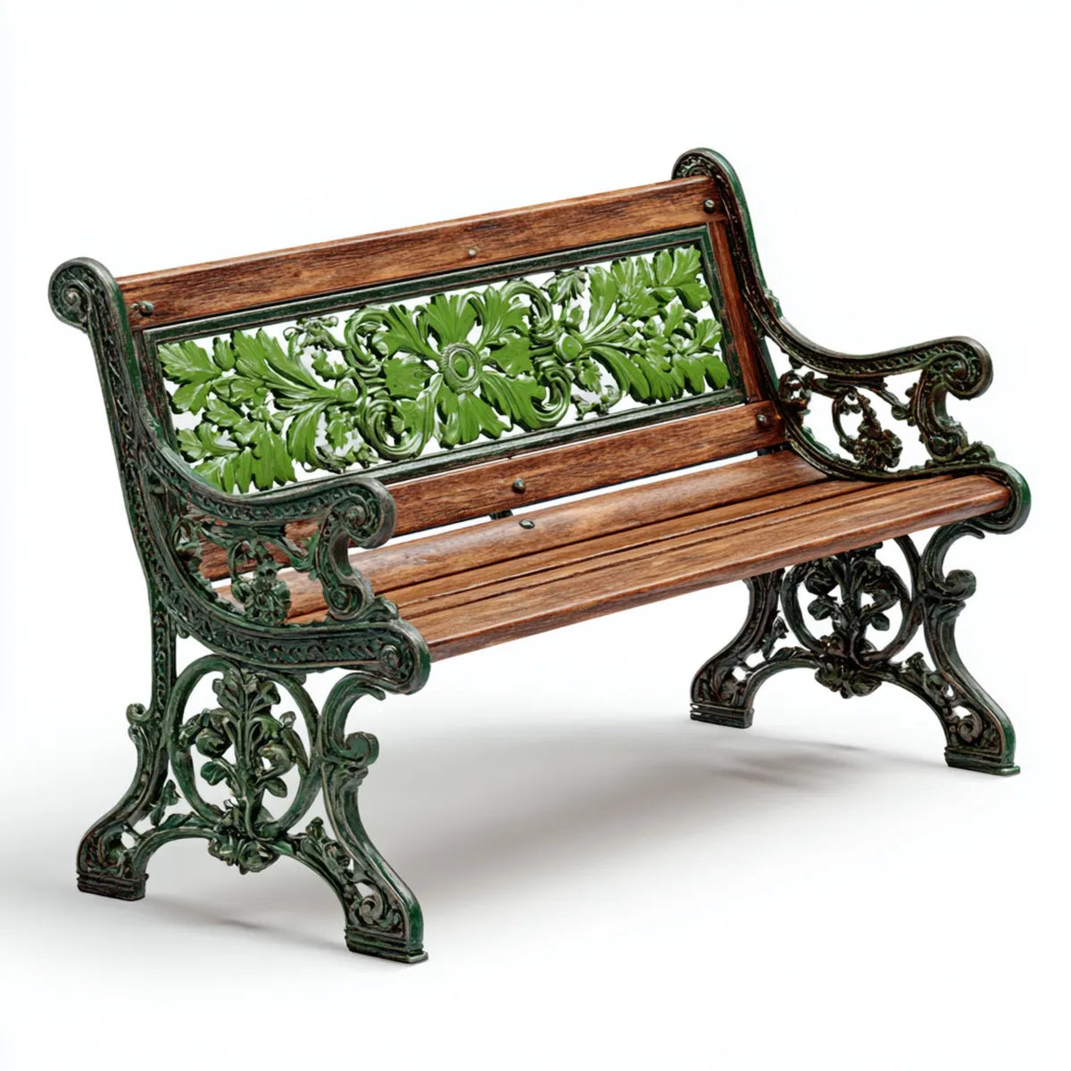 Banc de jardin 2 places vert foncé et marron en fonte et bois massif rectangulaire 125 x 60 x 82 cm