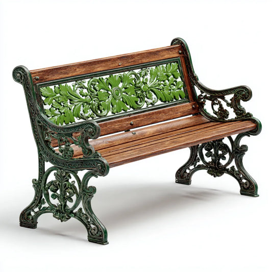 Banc de jardin 2 places vert foncé et marron en fonte et bois massif rectangulaire 125 x 60 x 82 cm